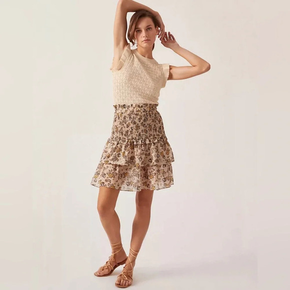 Anthropologie Current Air Sweater Dress Smocked Ruffle Crewneck Floral Knit Mini - Picture 2 of 9